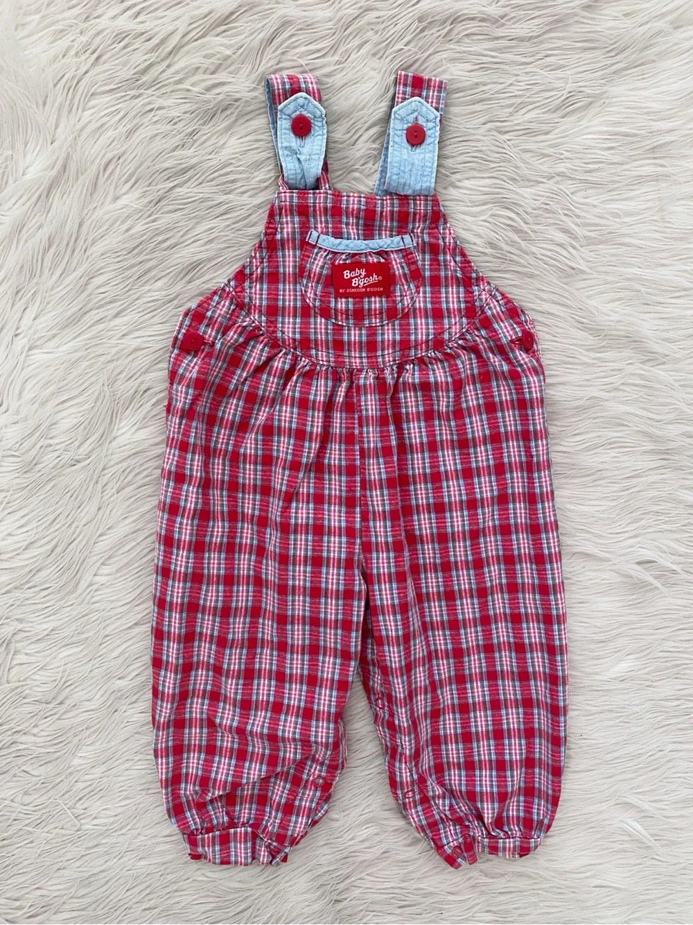 Vintage Oshkosh B’gosh 90s Red Blue Plaid One Piece Overalls Jumpsuit 24 Months